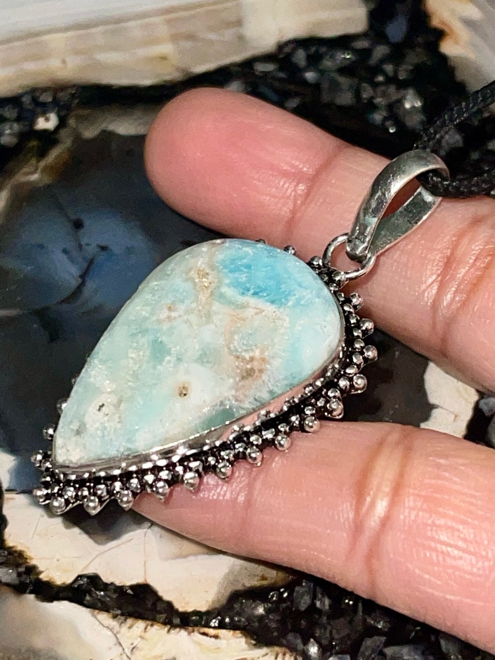 Blue Green Hemimorphite Crystal Pendant 2 1/4”